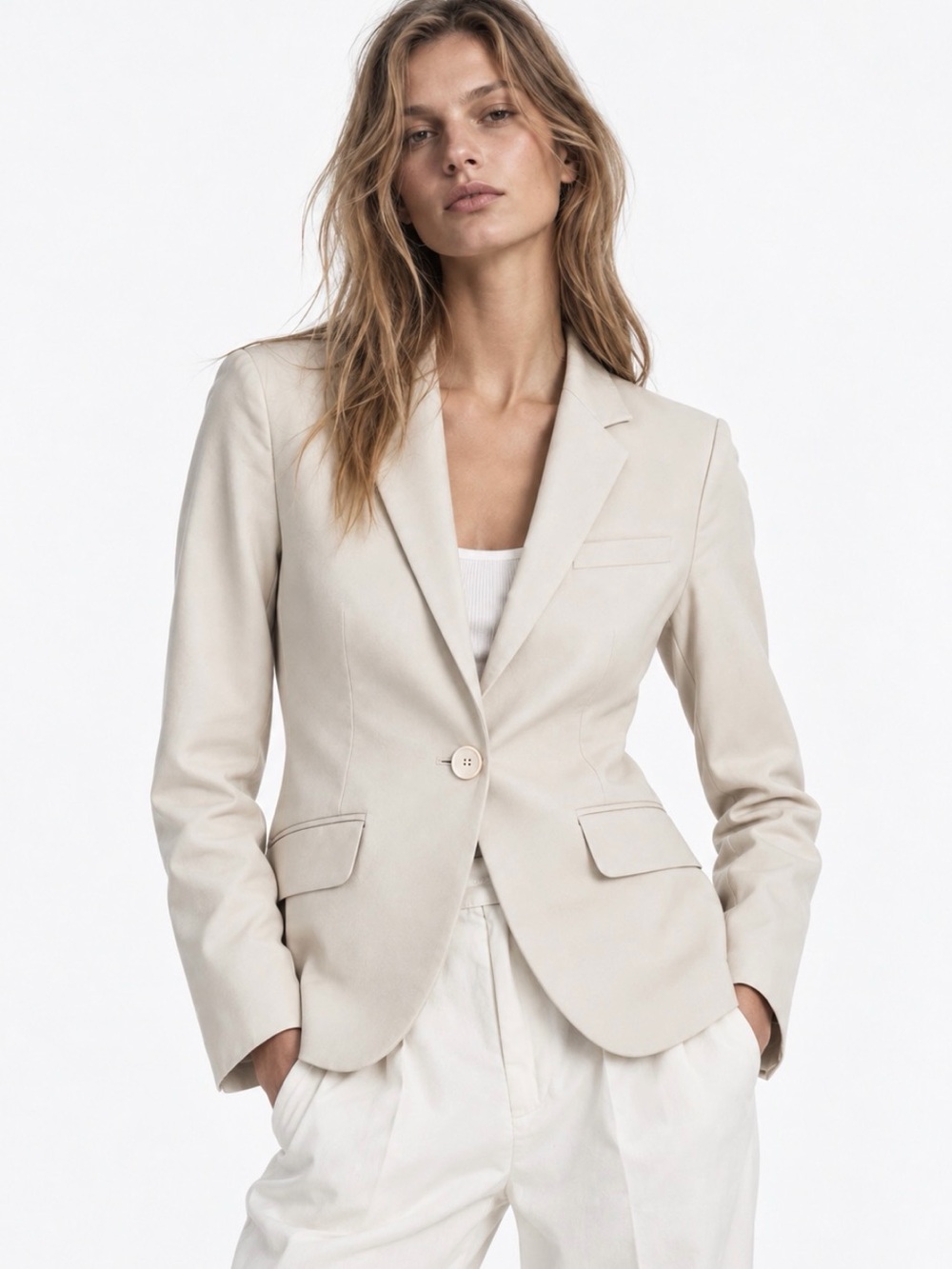 Zara Cream Single-Button Tailored Blazer